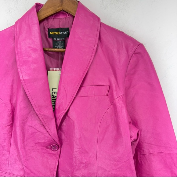 Metrostyle size 16 Women’s Pink Leather Puff Sleeve Single Button Jacket - Picture 2 of 7